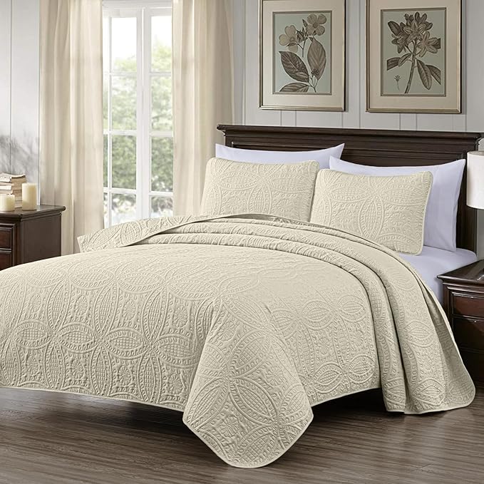Chezmoi Collection Austin 3-Piece Oversized Bedspread Coverlet Set (Queen, Ivory) (Pack of 6)