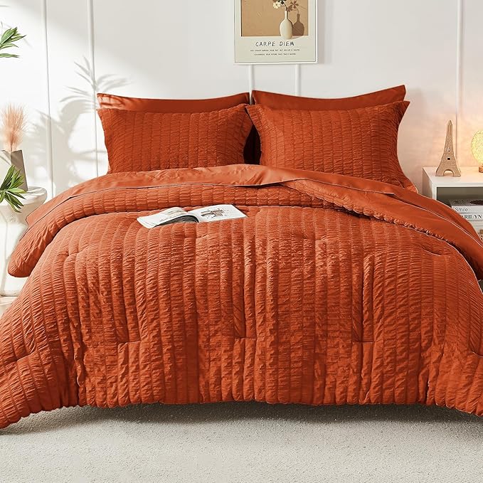 HYMOKEGE Burnt Orange California King Comforter Set Seersucker 7 Pieces, All Season Luxury Bed in a Bag for Bedroom, Bedding Set with Comforters, Sheets, Pillowcases & Shams