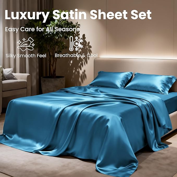 Love's cabin Satin Queen Sheets Set - 4 Piece Teal Silky Bed Sheets with Deep Pocket, Luxury Silk Feel Satin Queen Size Sheet Set (1 Flat Sheet,1 Fitted Sheet,2 Pillow Cases)