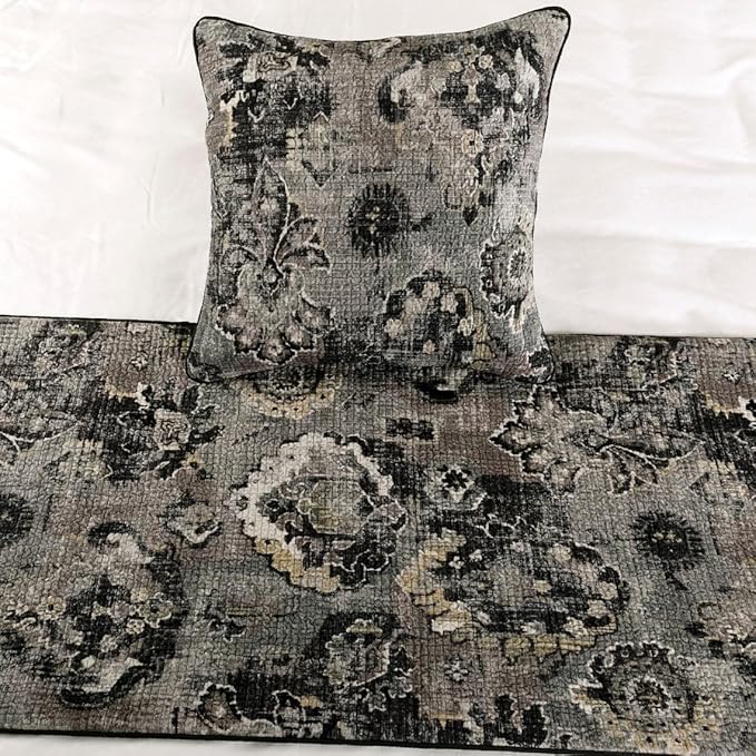 The HomeCentric Designer Black & Grey King 90 x 18 inch Bed Runner with 2 Pillow Cover Set, Velvet Damask with Tassels Bed Scarf, Abstract Modern - Paved Damask