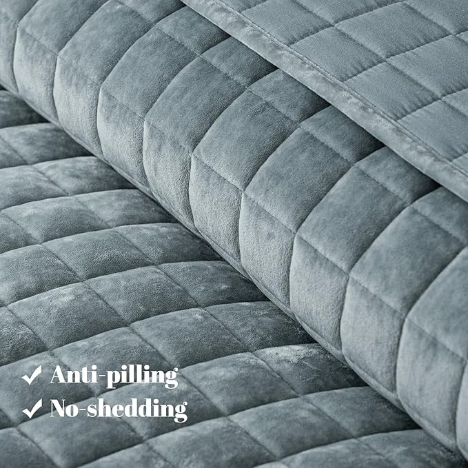 PHF Luxurious Velvet Quilt Set Twin Size – 2PCS Super Soft Quilted Comforter Alternative with Square-Box Quilt Pattern, Warm Quilted Bedspread Coverlet, 68" x 92", Dusty Blue