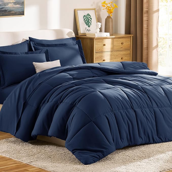 CozyLux King Size Comforter Set Navy Blue - 7 Pieces Bed in a Bag King, Okeo-Tex Certifited Bedding Set, All Season Soft Bed Set with Down Alternative Comforter, Sheets, Pillowcases & Pillow Shams