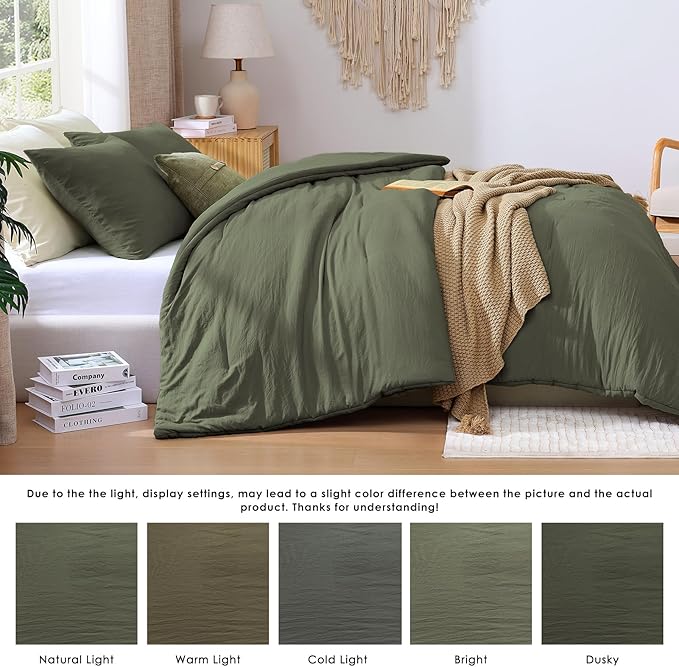WRENSONGE Super King Plus Comforter Set - 3 Pieces Prewashed Olive Green Comforter Soft Lightweight for All Seasons,Down Alternative Comforters Super King Plus Size with 2 Pillow Shams