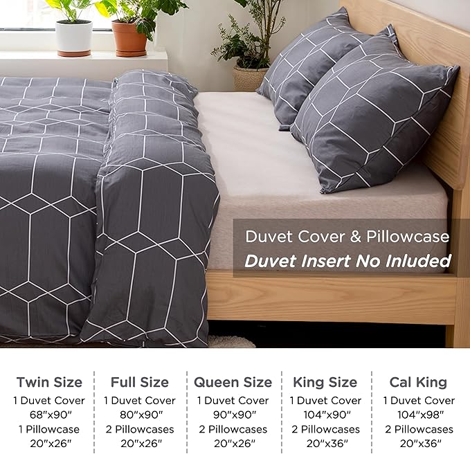 TOCOMOA Plaid Duvet Cover Set 100% Natural Cotton Soft Comfy Breathable 3 Piece Grey and White Pattern Printed Comforter Cover Bedding Set (King 104"x90", Comforter Not Included)