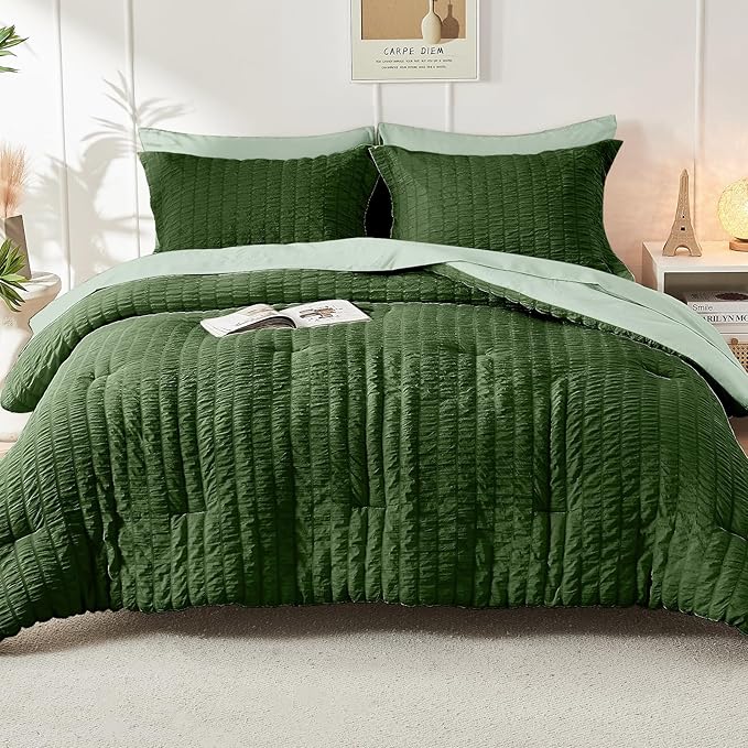 HYMOKEGE Dark Green/Sage Green Full Size Comforter Sets Seersucker 7 Pieces, All Season Luxury Bed in a Bag for Bedroom, Bedding Set with Comforter, Sheets, Pillowcases & Shams