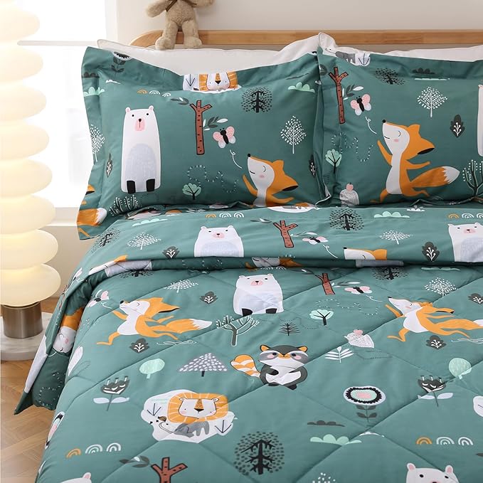 JSD Green Forest Animals Kids Comforter Set Queen Size, 3 Piece Woodland Printed Microfiber Bedding Set, Machine Washable