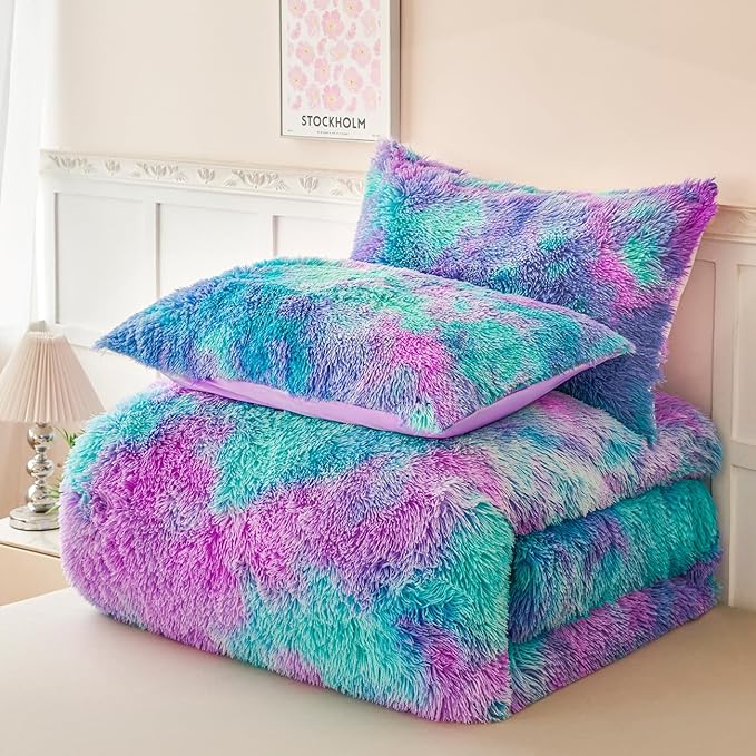 PERFEMET Fuzzy Girls Twin Comforter Set 3 Pieces Colorful Purple and Teal Faux Fur Fluffy Bedding for Kids Teens Ultra Soft Warm Tie Dye Velvet Plush Shaggy Bed Comforter Sets(Purple Teal, Twin)