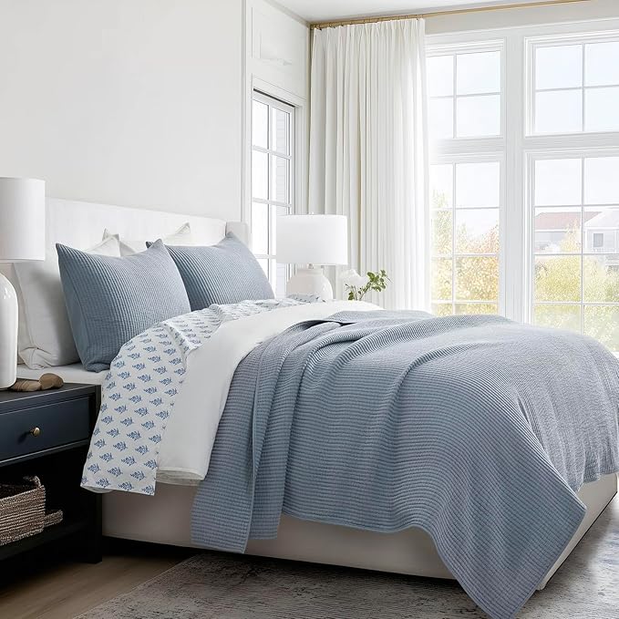 EVERGRACEHOME Cotton Coverlet Set King Size 3 Pieces, Lightweight Soft Ribbed Matelassé Bedspread Quilt Set, Cozy Oversized Quilted Bedding Set with 2 Pillow Shams for All Seasons, Blue Linen