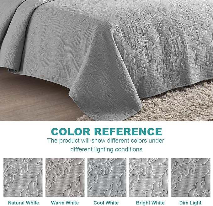 Hansleep Grey Quilt California King Size - Damask Ultrasonic All Season Bedspread California King, Soft Lightweight Coverlet Bedding Set, 3 Pieces (1 Quilt, 2 Pillow Shams)