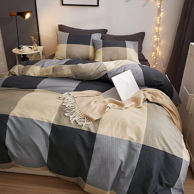 Cotton Plaid Duvet Cover Full Size Geometric Grid Checkered Bedding Sets Full Modern Style 3 Piece Plaid Comforter Cover for Men Women Cotton Grid Duvet Cover Full Bedding Sets with Zipper Ties