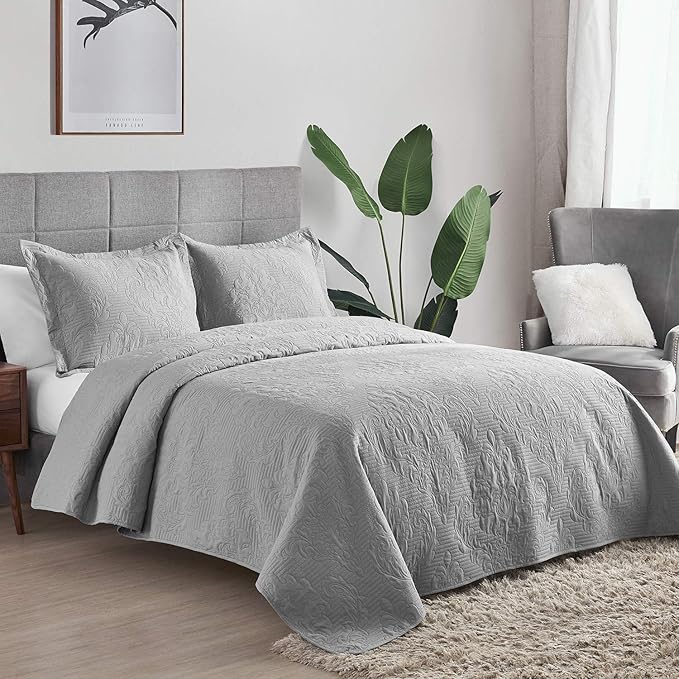 Hansleep Grey Quilt Twin Size - Damask Ultrasonic All Season Bedspread Twin, Soft Lightweight Coverlet Bedding Set, 2 Pieces (1 Quilt, 1 Pillow Sham)