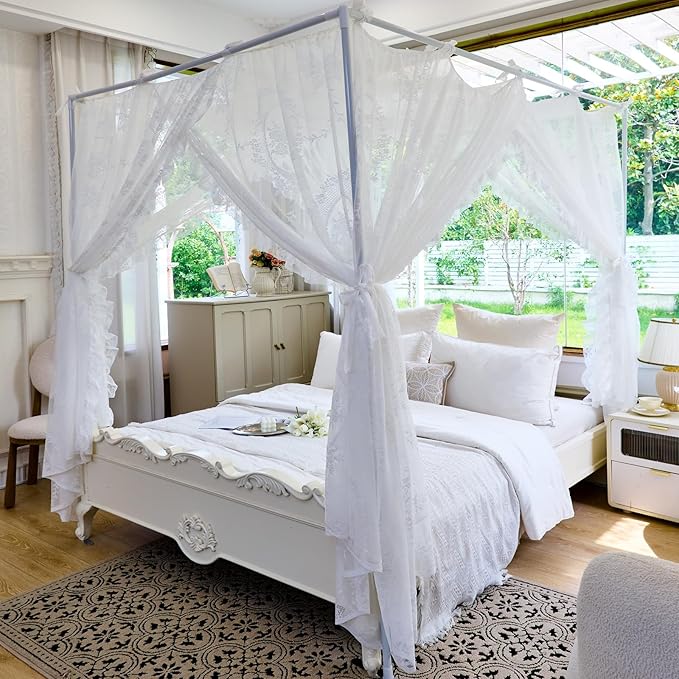 AIKASY Elegant Lace Princess 4-Poster Bed Canopy Mosquito Net - Romantic Wedding Bridal Bedroom Decor, Kids Room Bed Curtain for Women Adults - (White-2,Queen)