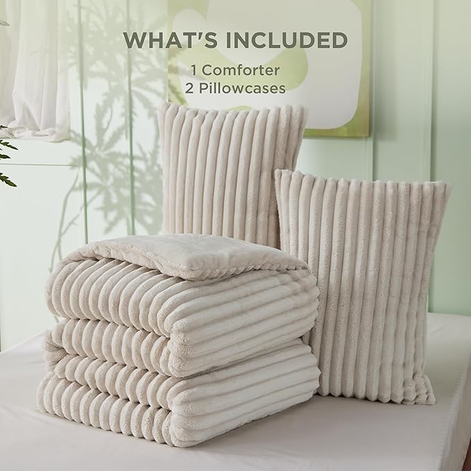 Bedsure California King Comforter - GentleSoft™ 3 Pieces Double-Side Fleece Comforter Set, Cozy Striped Room Decor Aesthetic, Luxury Linen Cal King Bedding with 2 Pillowcases, 104x96 Inches