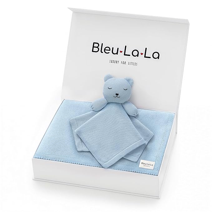Baby Gift Set - Organic Cotton Newborn Blanket Essentials, Thoughtful Baby Shower & New Baby Gift for Boys & Girls (Lovey - Bear - Sky Blue)