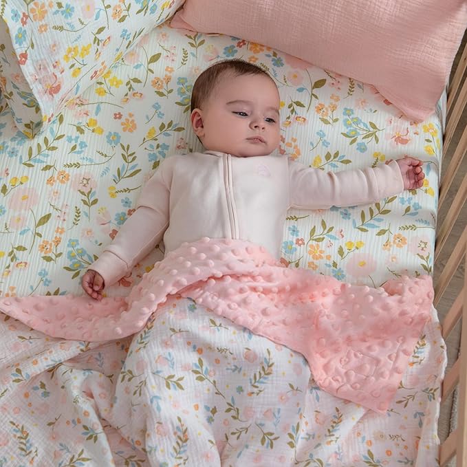 Muslin Cotton Crib Sheets for Girls, 2 Pack 52"x28" Fitted Baby Crib Sheet for Girl, Soft & Breathable Baby and Toddler Bed Sheets, Mattress Cover Muslin Cribs Sheet Set Nursery Gift Pink Floral