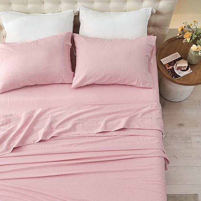Simple&Opulence Belgian Linen Sheet Set Solid Color - 4 Pieces (1 Flat Sheet & 1 Fitted Sheet & 2 Pillowcases) Natural Flax Cotton Blend Soft Bedding Breathable Farmhouse - Pale Pink, Queen Size