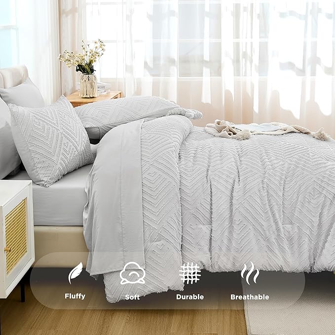 Andency Light Grey Full Size Comforter Set with Sheets - 7 Pieces Bed in a Bag Boho Tufted Bedding Sets Fluffy Lightweight Gray Full Bed Set with Comforter, Sheets, Pillowcases & Shams for All Season