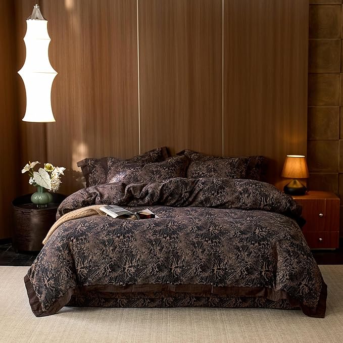 mixinni Duvet Cover Set King, Vintage Opulence Yarn-Dyed Jacquard Double-Layer Cotton Comforter Cover with Wide Corner Design, Retro Art Pattern Bedding Set with 2 Pillowcases for Men & Women
