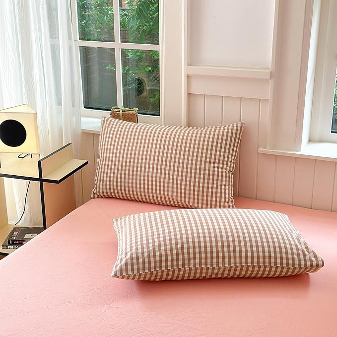 LifeTB Pink Gingham Duvet Cover Twin 3 Pieces Pink Plaid Duvet Cover 100% Washed Cotton Bedding Boho Coral Grid Comforter Cover Farmhouse Checkered Gingham Bedding Set with 2 Pillowcases