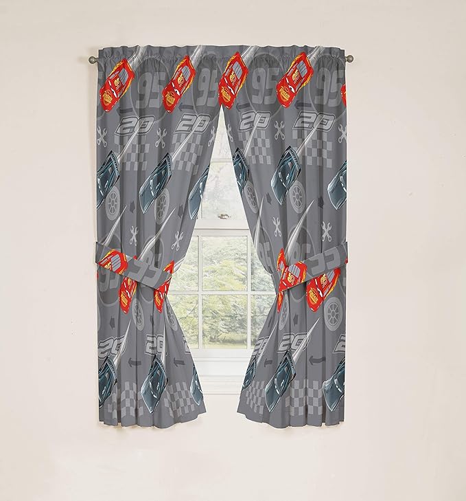 Jay Franco Disney Pixar Cars Lighnting Speed 63" Inch Drapes - Beautiful Room Decor & Easy Set Up, Bedding Features Lightning McQueen - Curtains Include 2 Tiebacks, 4 Piece Set (Official Product)