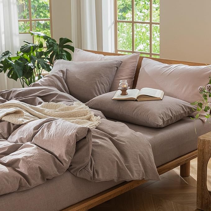 MooMee Bedding Duvet Cover Set 100% Washed Cotton Linen Like Textured Breathable Durable Soft Comfy (Heathered Mauve Brown, Oversized King Plus 128"x120")
