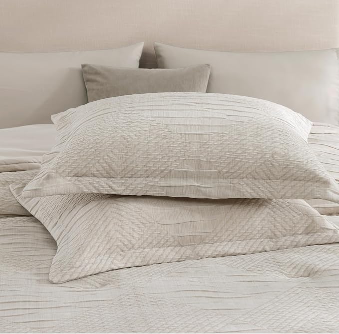MaiRêve King Comforter Set Beige, Crinkle Textured Design Boho Bedding Set 7 Pieces Bed in A Bag, All Season Geometric Comforter Set with Sheets, Pillowcases & Shams