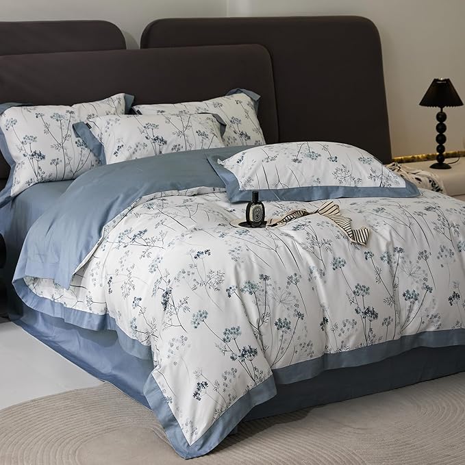 HighBuy Cute Blue Floral Duvet Cover Twin Boho Floral Cotton Soft Girl Twin Comforter Cover Cottagecore Flowers Plant Pattern Luxury Bedding Set,1 Duvet Cover 68x86,2 Pillowcases for Women Teen