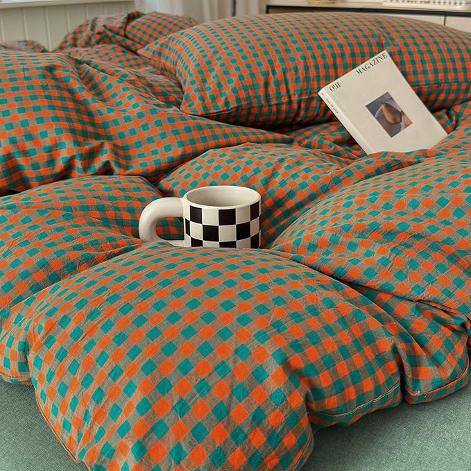 LifeTB Gingham Comforter Set Full Modern Style Orange Green Plaid Grid Comforter Soft Fluffy 3 Pieces Checkered Pattern Comforter Set Farmhouse Gingham Bedding Comforter with 2 Pillowcases
