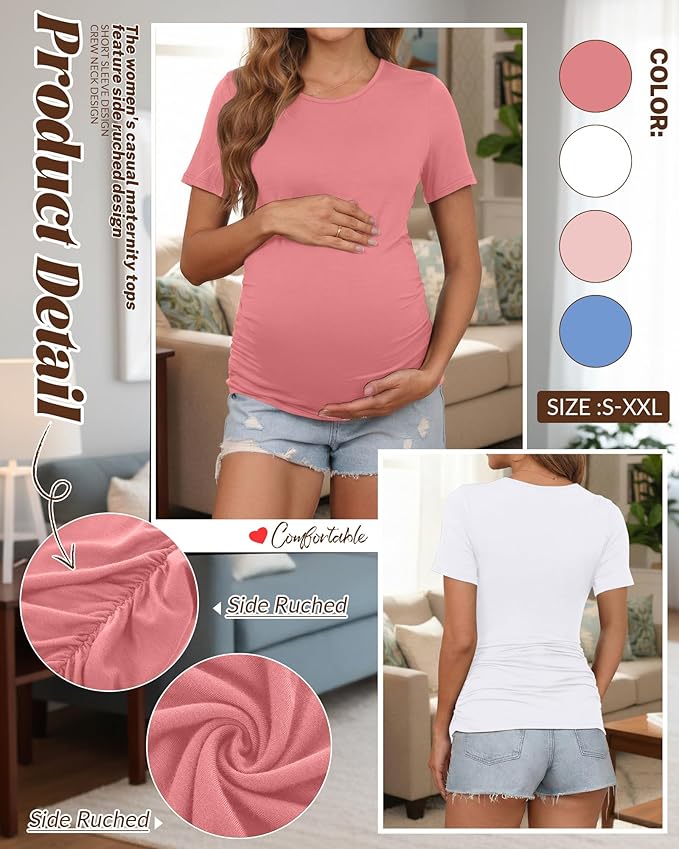 Huukeay 4 Pack Women's Maternity Shirts, Crew Neck Maternity Top Short Sleeve Casual Cotton Tee Side Ruched Pregnancy Clothes