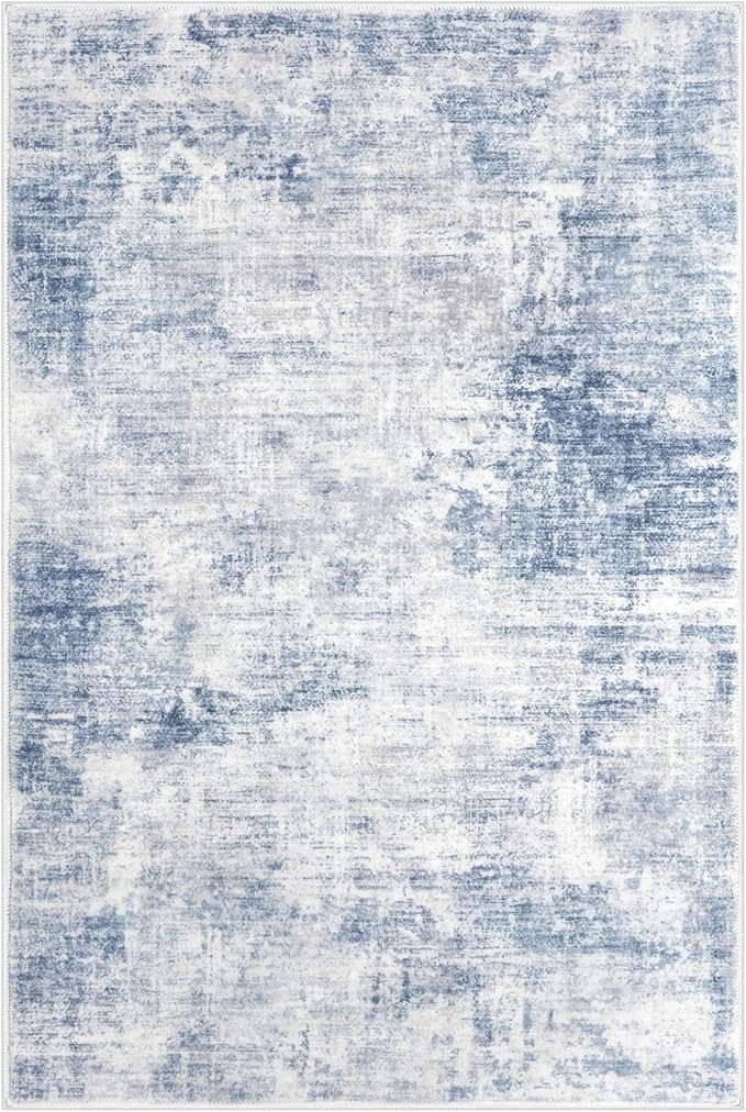 IOHOUZE Abstract Area Rugs 8x10 Ft Washable Large Rugs for Living Room, Non Slip Dining Room Rug, Printed Faux Wool Rugs for Bedroom, Floor Carpet for Office Nursery Playroom, Light Blue White