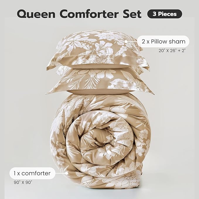 Joiedomi King Size Comforter Set Beige, 3 Pieces Floral King Bedding Set with 1 Soft Reversible Botanical Flower Comforter and 2 Pillow Shams, Bed in a Bag for All Seasons