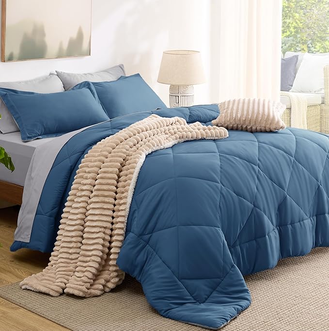 Bedsure Twin Comforter Set - 5 Pieces Reversible Slate Blue Bedding, Twin Size Bed Set for All Seasons, Bed in a Bag with Down Alternative Comforter, Sheets, Pillowcase & Sham