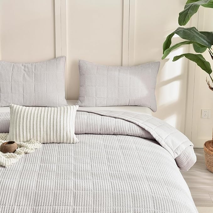 Sanracie Oversized King Quilt (120"x120"), Cotton Oatmeal Colored Waffle Quilt Bedding Set Extra Wide Large Luxury Aesthetic Bedspreads Soft Breathable Bedding Coverlet Sets 3 PCS