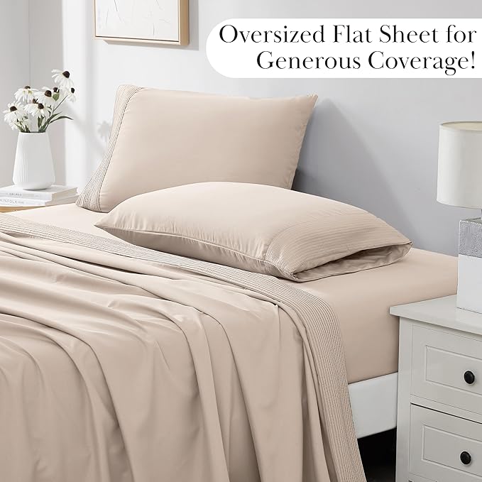 Southshore Fine Living, Inc. 4-Piece King Size Sheets Set, Deep Pocket Bed Sheets, King Size Set with Extra Deep King Size Fitted Sheet, Pleated Flat Sheet and 2 Pillow Cases, Bone Sheets King