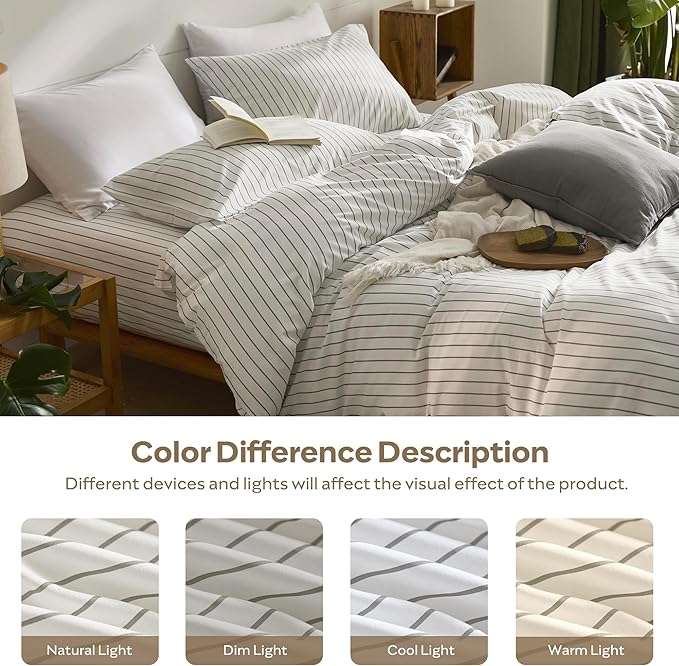 JELLYMONI Striped Duvet Cover Set - Queen Size 100% Cotton - 3PCS White & Grey Vertical Stripes Bedding - Hidden Zipper Closure & 8 Corner Ties - Breathable Comforter Cover for Bedroom