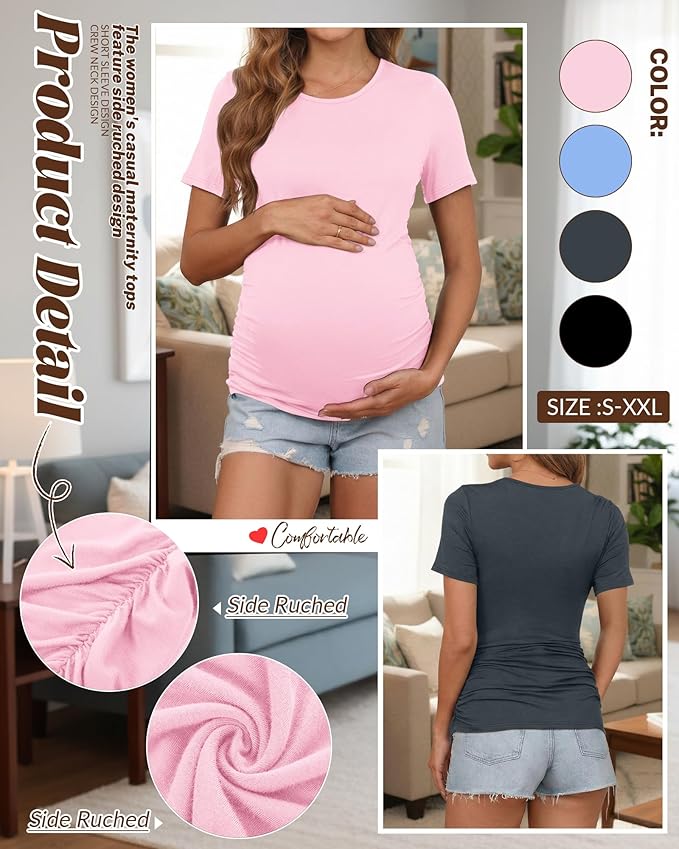Huukeay 4 Pack Women's Maternity Shirts, Crew Neck Maternity Top Short Sleeve Casual Cotton Tee Side Ruched Pregnancy Clothes