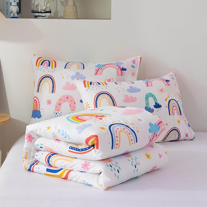 Btargot Lightweight Soft 3 Piece Rainbow Comforter Set with 2 Pillow Covers, Cartoon Leaves Flowers and Sun Star Bedding Set for Girls Boys Kids, Twin White