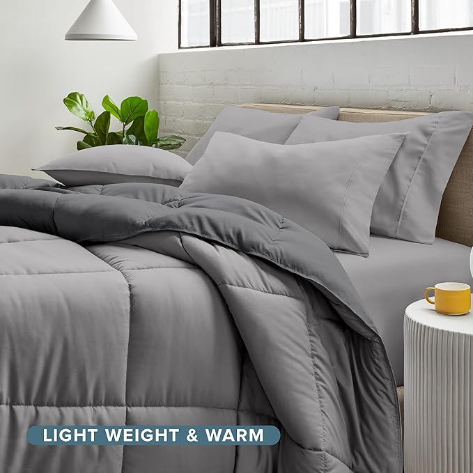 Bare Home Reversible Bed-in-A-Bag Comforter & Sheet Set - Queen - Down Alternative - Soft - Bedding Set (Queen, Light Grey/Grey)