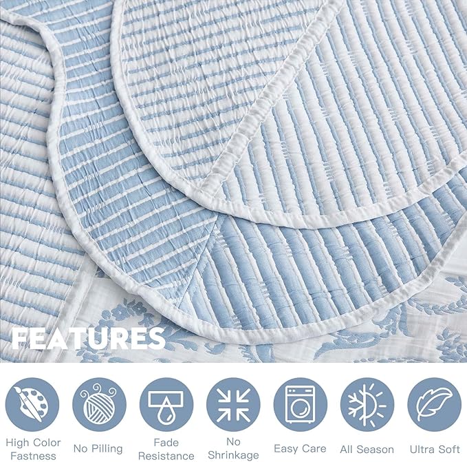 HZ & HY Oversized King Bedspread, Jacquard Matelasse Damask Pattern Design, Lightweight, Reversible, 5 Piece, 100% Microfiber, Wathet Blue