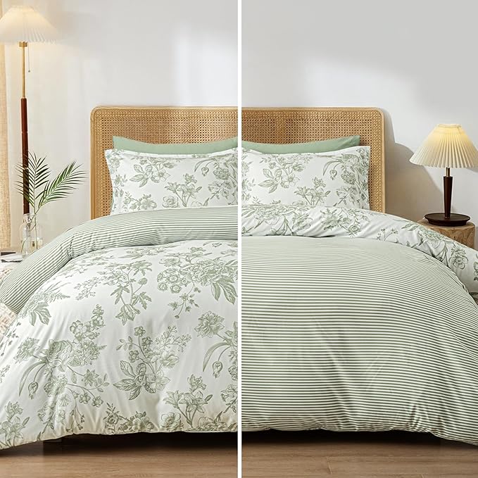 PHF Ultra Soft Floral Duvet Cover Queen Size, Printed Bedding Set 3 Pieces, Comfy Farmhouse Pattern Duvet Cover Set with 2 Pillow Shams, Zipper Closure and 8 Ties, 90"x90", Flower-Green