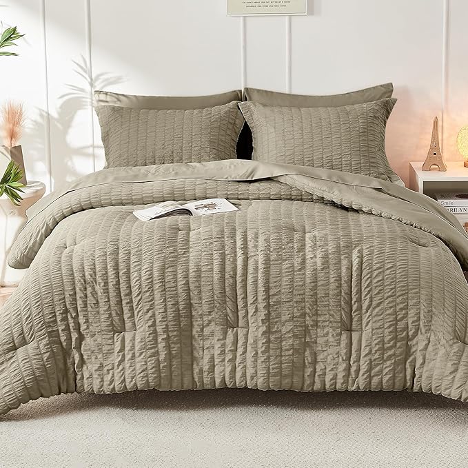 HYMOKEGE Linen King Size Comforter Set Seersucker 7 Pieces, All Season Luxury Bed in a Bag for Bedroom, Bedding Set with Comforter, Sheets, Pillowcases & Shams