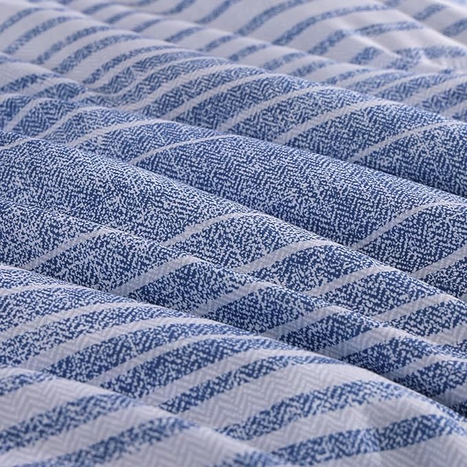 Full Comforter Sets Striped, Ocean Blue Coastal Bedding Set 7 Pieces for Boys Girls Teen, All Season Bed in a Bag for Dorm with Sheets, Pillowcases & Shams