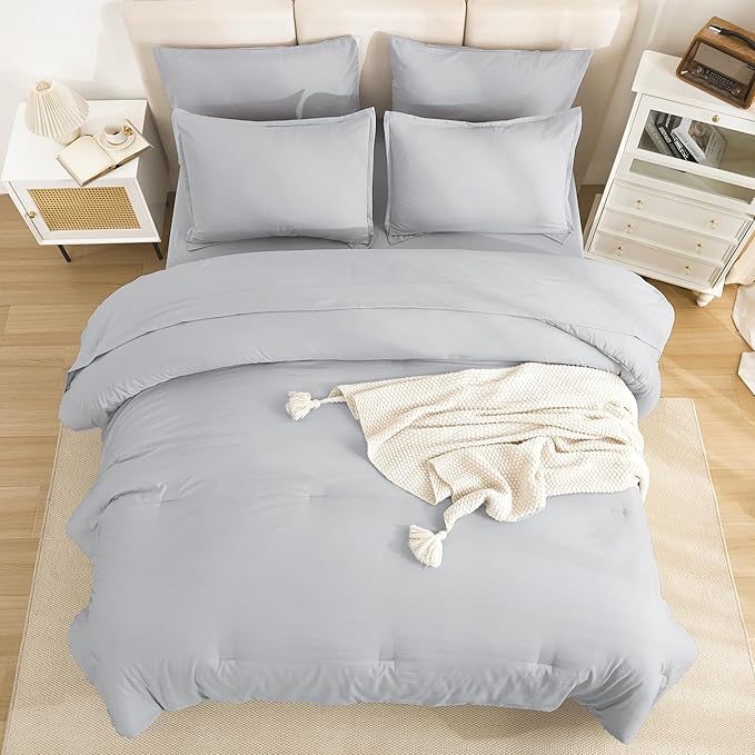 Litanika King Size Comforter Set Light Grey - 7 Pieces Bed in a Bag King Bedding Comforter Sets, Solid Lightweight Bed Set with Comforter, Sheets, Pillowcases & Shams