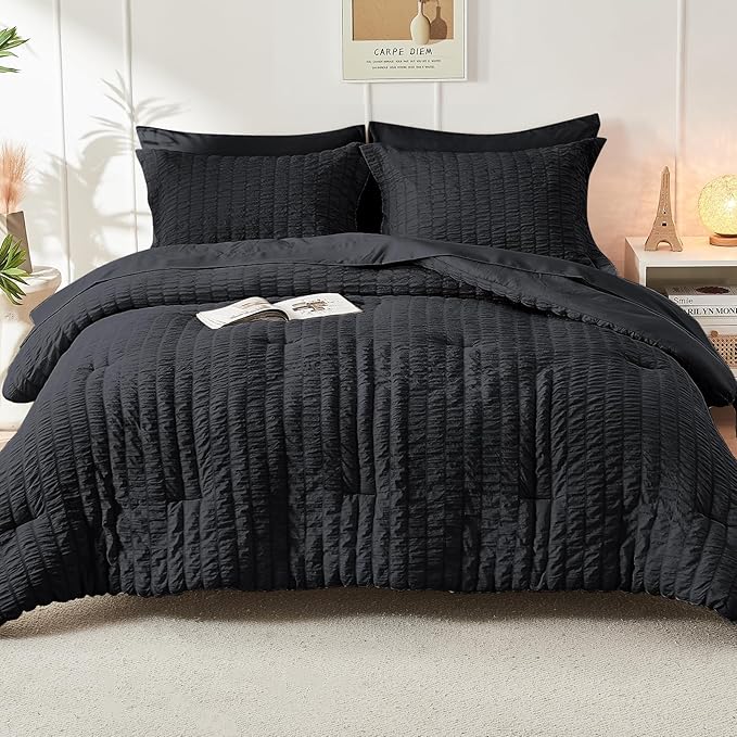 HYMOKEGE Black Full Size Comforter Sets Seersucker 7 Pieces, All Season Luxury Bed in a Bag for Bedroom, Bedding Set with Comforters, Sheets, Pillowcases & Shams