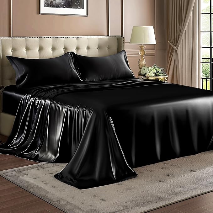 BEDELITE Satin Sheets Twin Size Bed Set, Luxury Soft Black Silky Sheets for Hair and Skin, Similar to Silk Bed Sheets Set 3 Pieces with 1 Deep Pocket Fitted Sheet, 1 Flat Sheet, and 1 Pillowcase