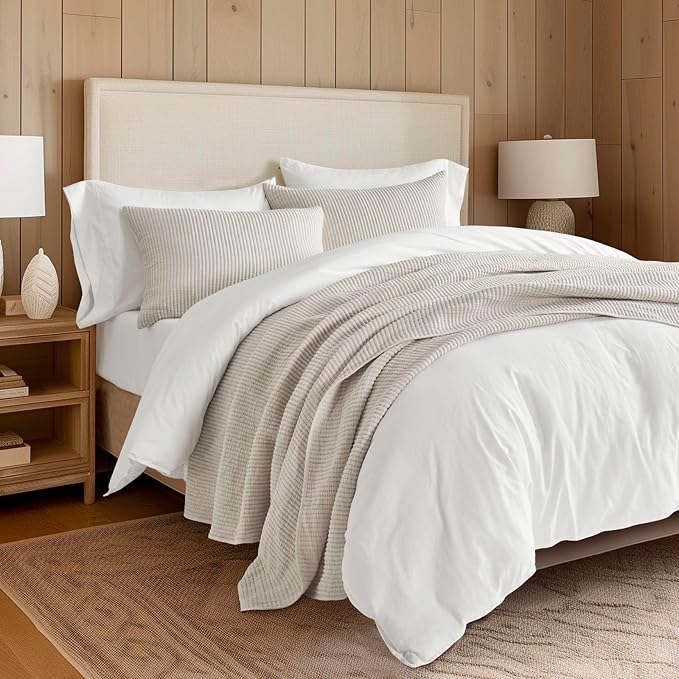 EVERGRACEHOME Cotton Coverlet Set Full Queen Size 3 Pieces, Lightweight Soft Ribbed Matelassé Bedspread Quilt Set, Cozy Oversized Quilted Bedding Set with 2 Pillow Shams for All Seasons, Birch