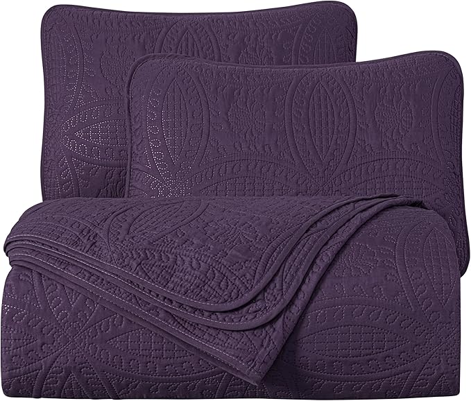 Chezmoi Collection Austin 3-Piece Oversized Bedspread Coverlet Set (Queen, Purple)