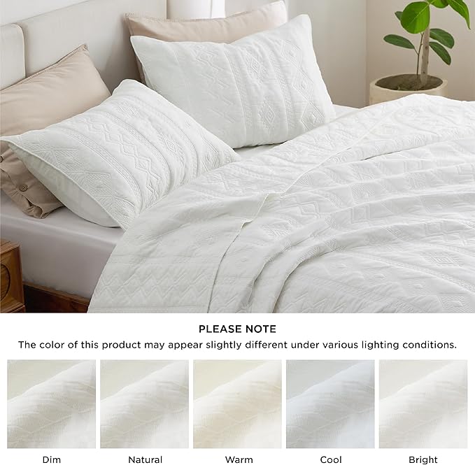 Bedsure 100% Cotton Quilt Set - Queen Size Bedspread, Lightweight Soft Bed Coverlet, 3-Piece Cozy Stitching Quilt Set with 2 Pillow Shams in Geometric Pattern, Gift for Grandma, 90x96 inches, White
