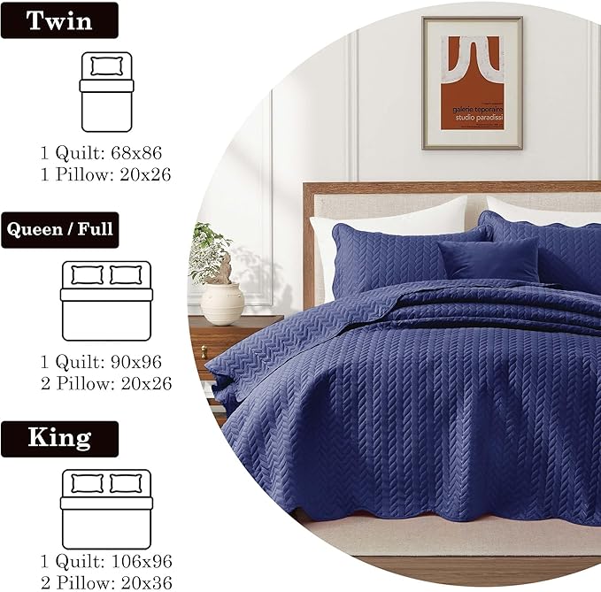 IR Imperial Rooms Queen Quilt Bedding Set Size (90" x 96") + 2 Pillow Shams (20" x 26"+ 2") - 3 Pcs All Season Lightweight Reversible Microfiber Coverlet Embossed Quilt Bedspread (Navy)