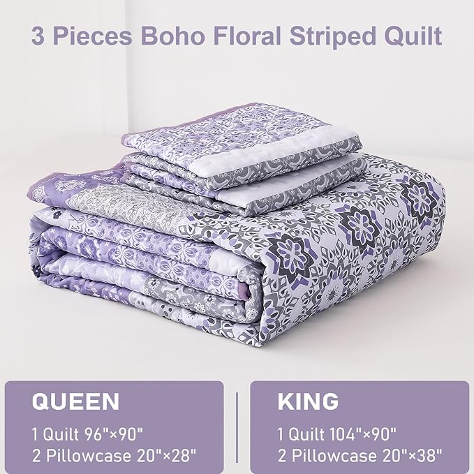 WONGS BEDDING Boho Quilt Set King, Lavender Purple Striped Patchwork Bedspread Coverlet Set with 2 Pillowcases,Bohemian Microfiber Floral Bedding Set 104"×90"